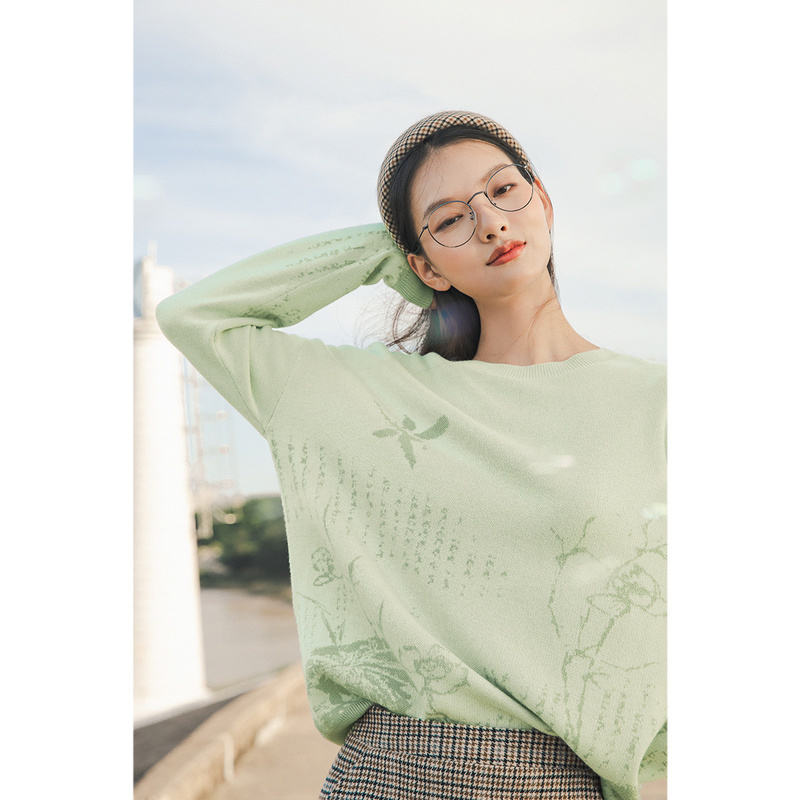INMAN Autumn Winter Arrival Chinese Style Contrast Color Jacquard Handpainted Rib Long Sleeve Pullover Sweater 201017