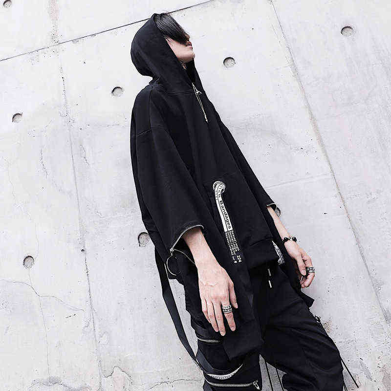 HOUZHOU Black Hoodie Goth Sweatshirt Hood Autumn Techwear Punk Gothic Darkwear Hoodie Sweatshirts Streetwear Hip Hop Harhjuku 211116