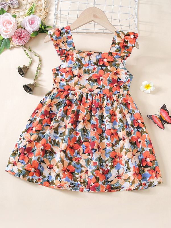 Toddler Girls Floral Print Ruffle Cuff Square Neck Dress SHE