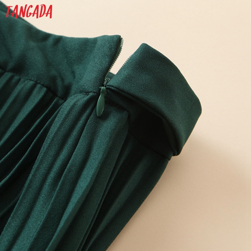 Tangada women green pleated midi skirt button decorate side zipper office ladies elegant chic mid calf skirts QB206 210309