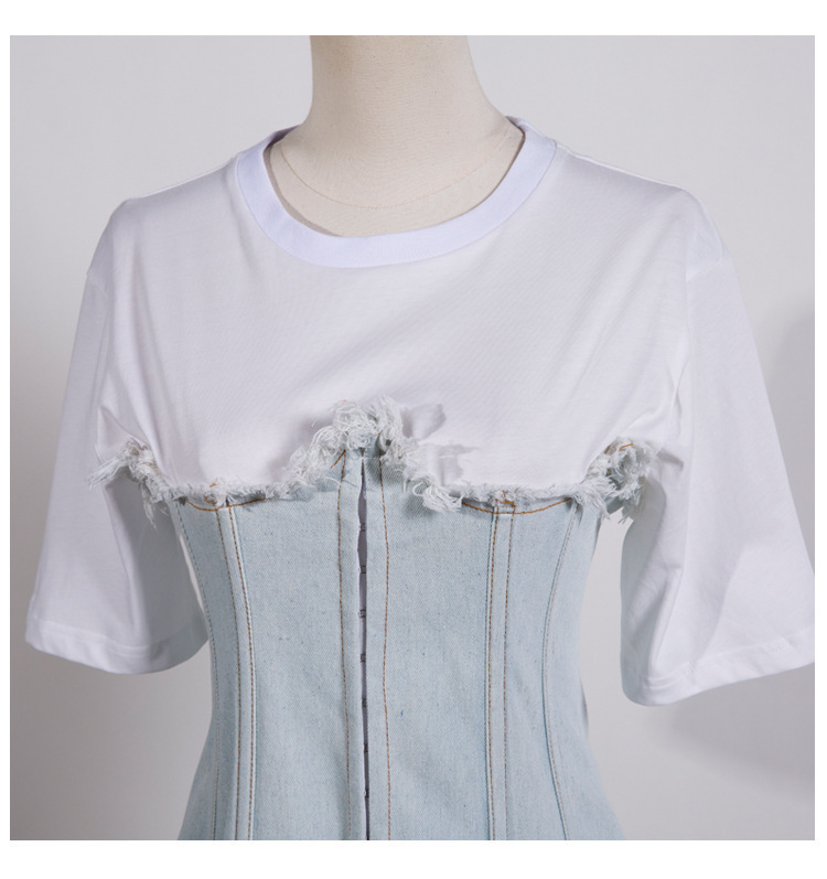 GetSpring Women T Shirt White Cotton Tshirt Corsets Denim Tee Shirts Spliced Short Sleeve Top Slim Women Tops Tee Tops T200110