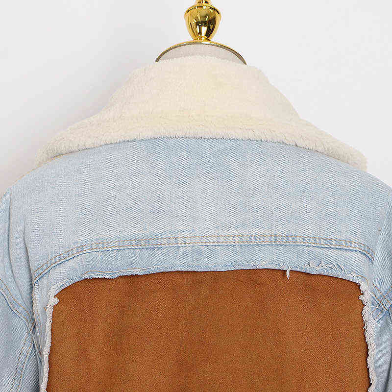 TWOTWINSTYLE Patchowrk Lambswool Denim Jacket For Women Lapel Long Sleeve Tassel Casual Coat Female Winter Fashion 211105