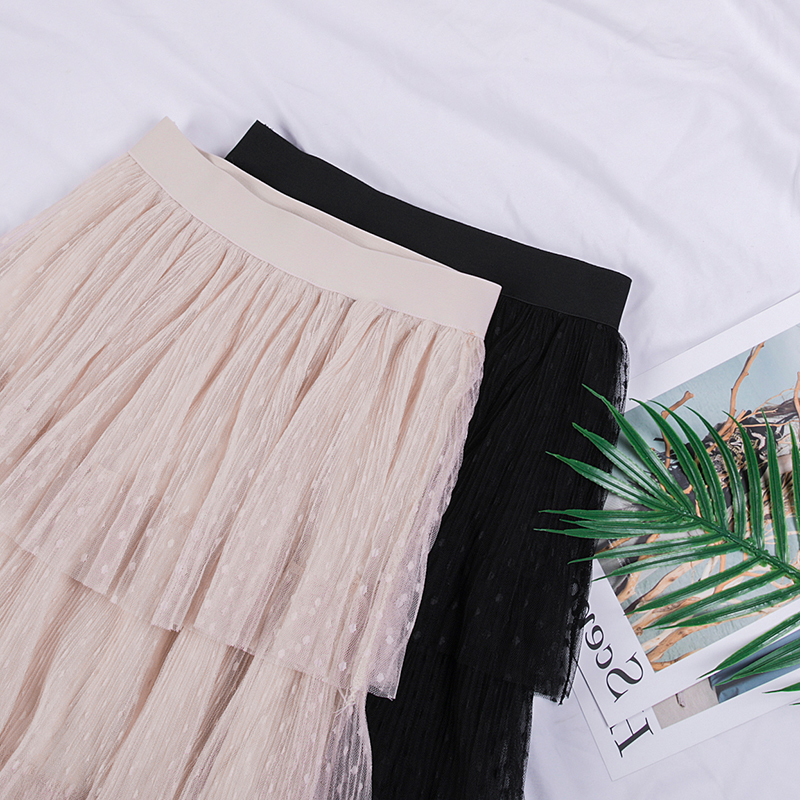 Fitaylor Spring Sweet Cake Layered Long Mesh Skirts Princess High Waist Ruffled Vintage Tiered Tulle Pleated ins Skirts 210306