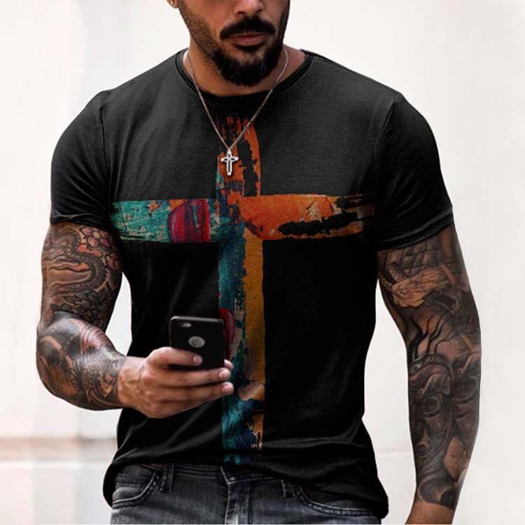 Straight Men's Oil Painting Faith Jesus Cross Print Casual T-shirt, White;black