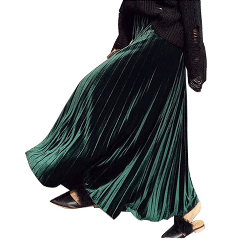 Autumn Winter Women Golden Velvet Long Skirt Korean Ladies Elastic Casual High Waist Skirts Pleated Bottoms B07004R 210306