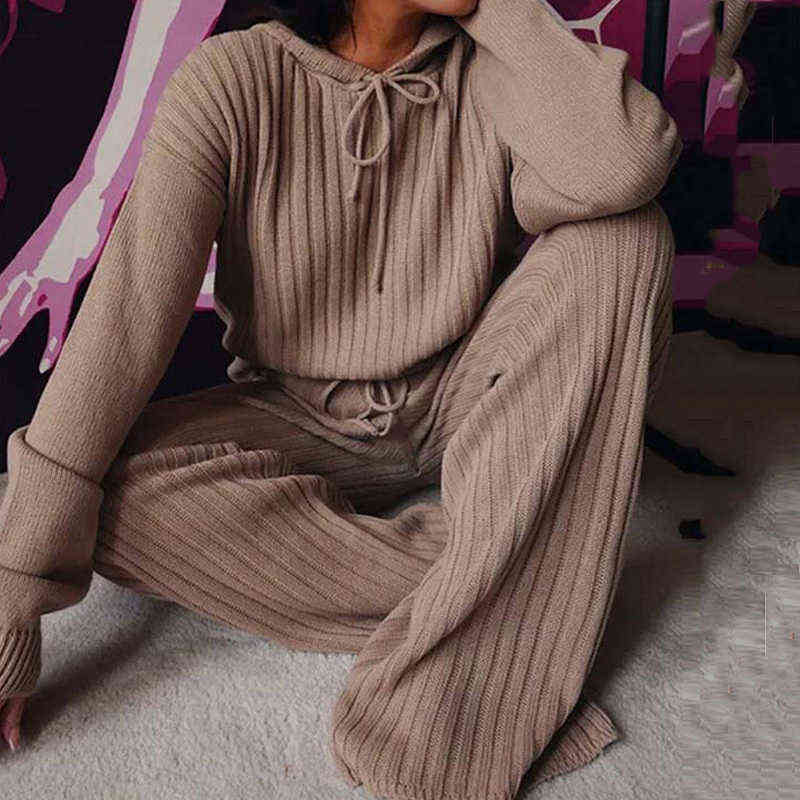 Autumn Winter Knitted Pajama Set Women Hooded Pajama Pants Home Suit for Women Long Sleeve Sleepwear Loose Lounge Wear Ladies 211109