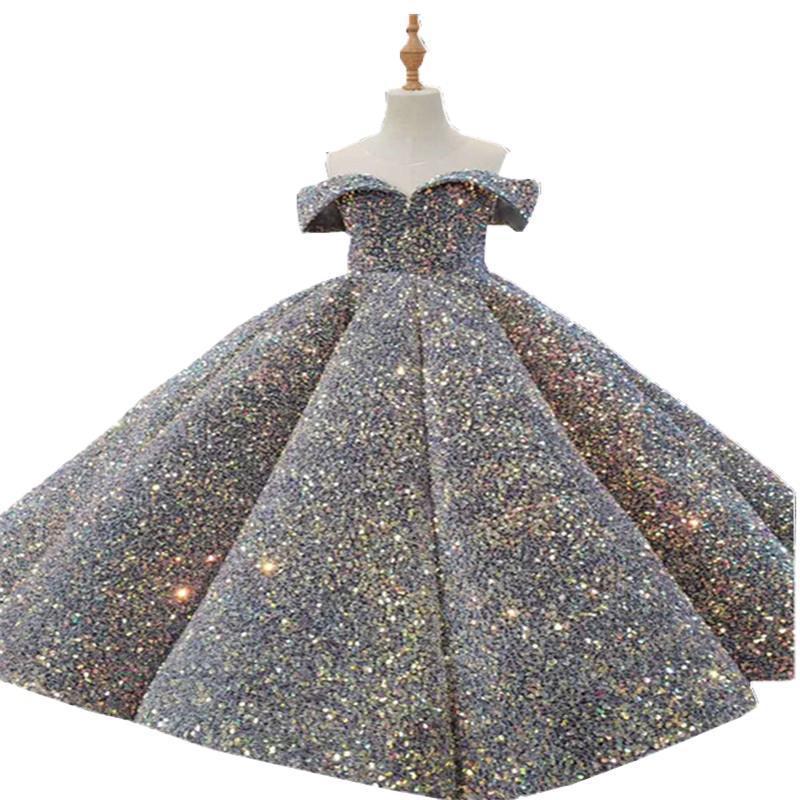 Sier Bling Sequin Pageant Fluffy Off The Shoulder Ruched Flower Girl Wedding Ball Gowns Party Dresses For Girls