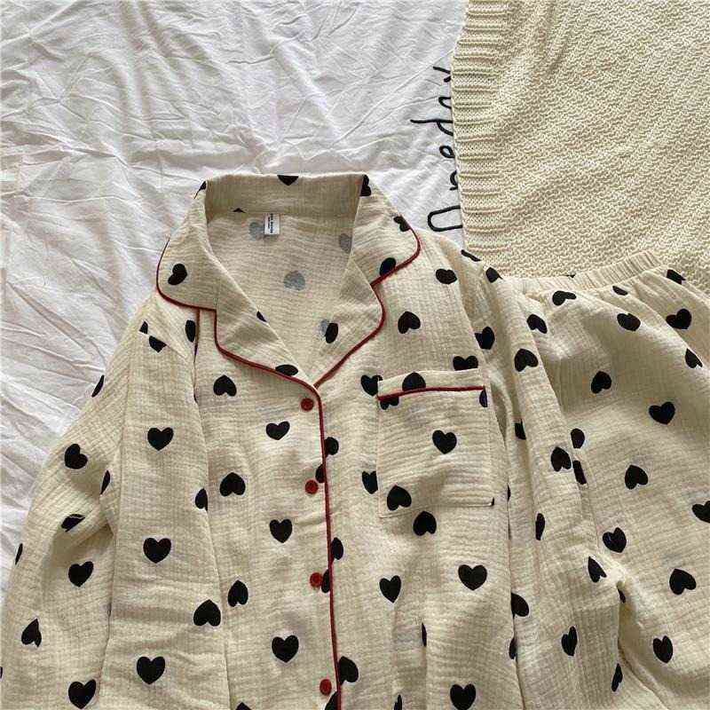 QWEEK Cotton Pijama Heart Print Pajamas for Women Korean Sleepwear Autumn Pyjama Pour Femme Long Sleeve Set Woman 2 Pieces Pjs 211118