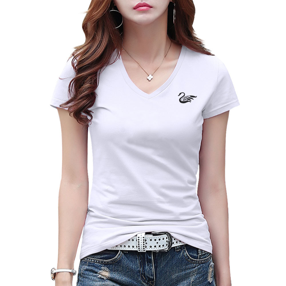 Plus Size Swan Printing Cotton Women Tshirts New Summer V-neck Ladies Tees Shirt Female T Shirts Short Sleeve T-shirts Tops 210306