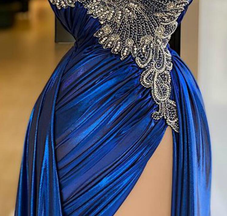 Aso Ebi 2021 Arabic Royal Blue Luxurious Evening Dresses Beaded Crystals Prom Dresses High Split Formal Party Second Reception Gowns ZJ466