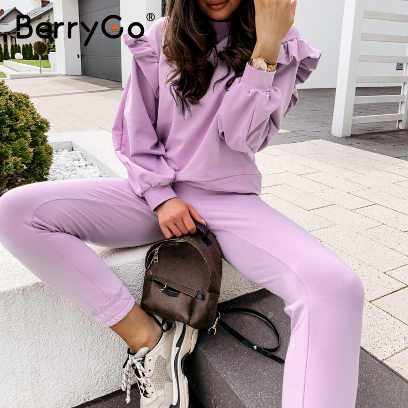BerryGo Casual o neck women sweatshirt ladies tops Vintage ruffle purple sweatshirt long sleeve autumn pull femme tracksuit 201217