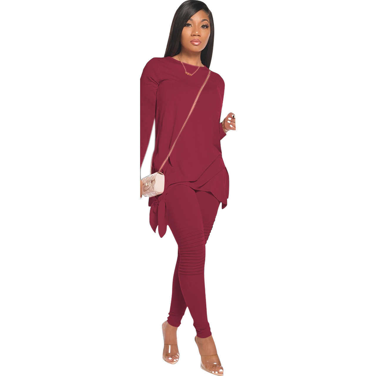 Autumn Fashion Casual Bowknot Long Sleeve Two Piece Sets Ladies Clothing Winter Ruched Joggers 2 Pants Set for Women Black 210604