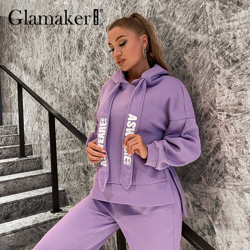 Glamaker Casual Purple loose fleece tracksuits pants suit women Oversize sweatshirt hoodies Elastic High Waist harem pant winter 211007