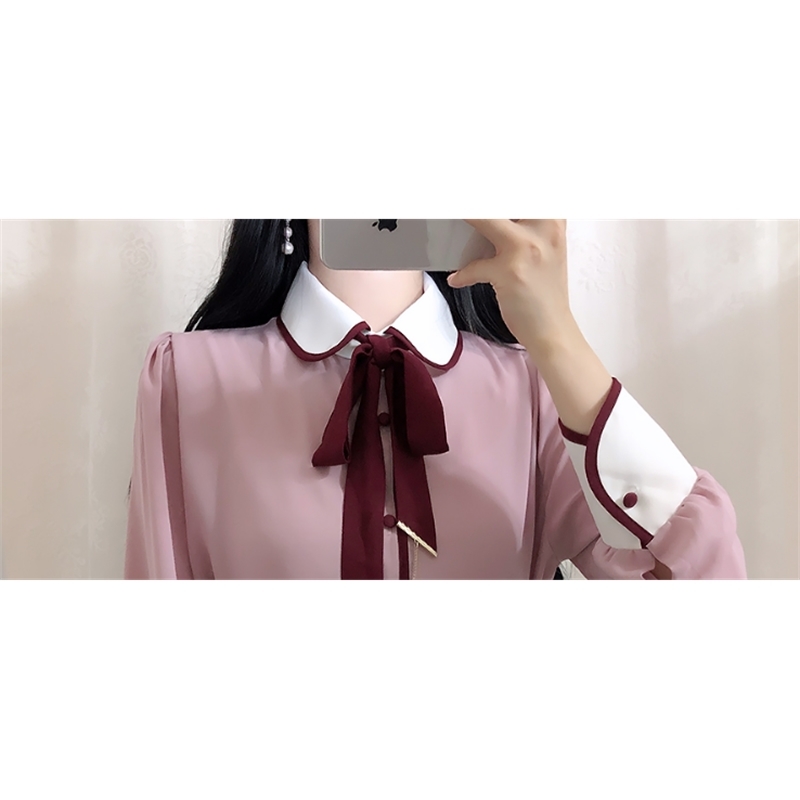New stitching chiffon blouse korean casual clothing women tops fashion long sleeve chiffon shirt 210225