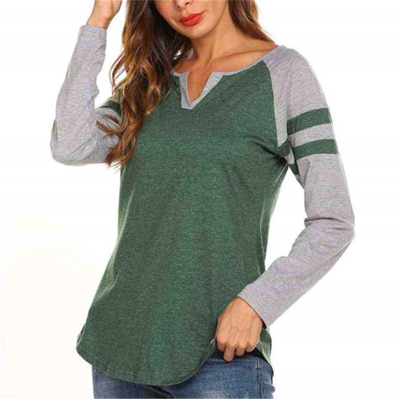 Women's Raglan Long Sleeve T-Shirt Fashion Striped Patchwork Design Curved Hem Loose Fit Henley V Neck Baseball Tee Shirt Tops X0628