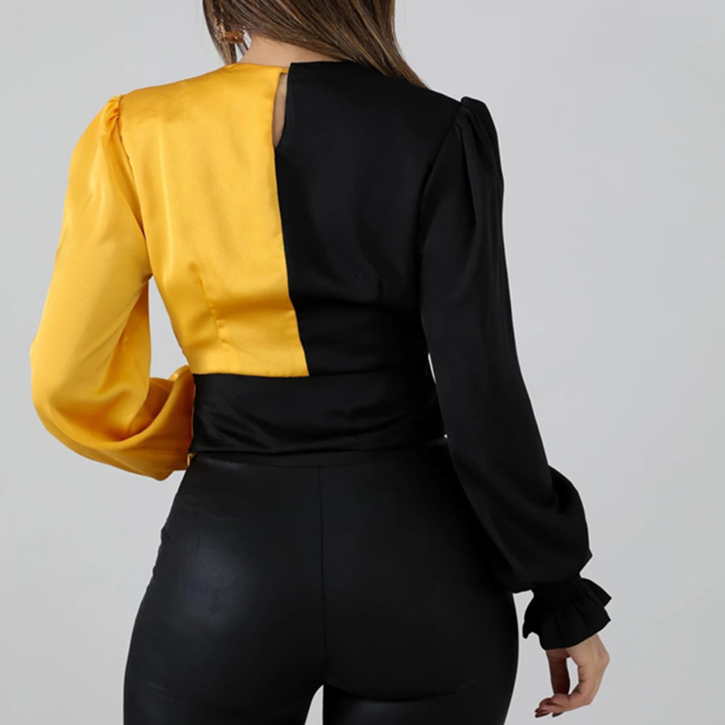 Fashion Colorblock Twist Front Deep V Neck T Shirts Women Long Sleeve Casual Crop Tops Streetwear T200616