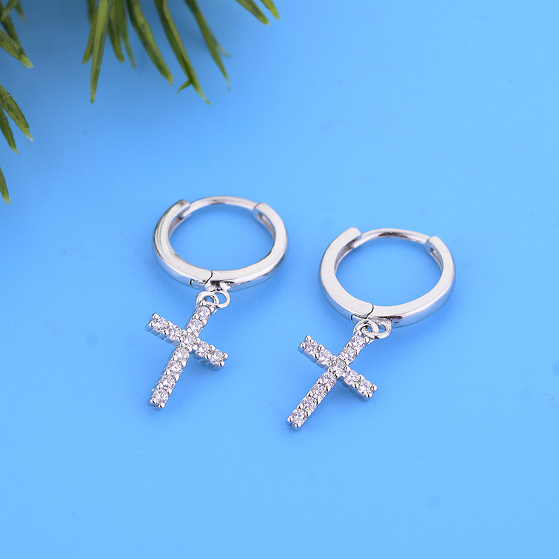 Authentic 925 Sterling Silver Gold Color Cross Dangle Hoop Earrings Women Girls Fashion Zircon Crystal Jewelry Gift Bijoux