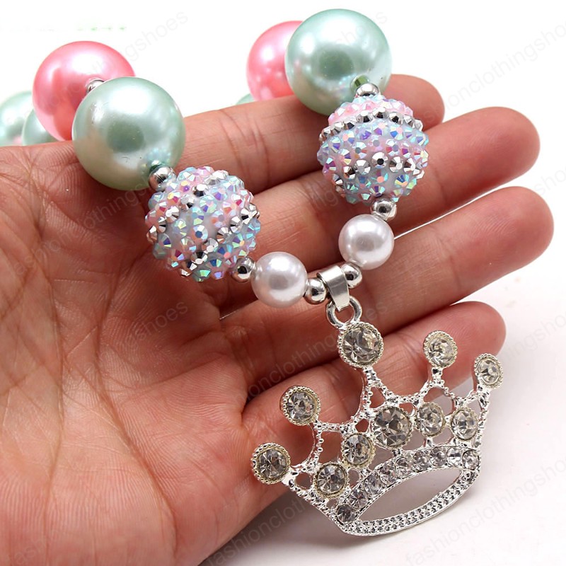 Fashion crown pendant necklace for kids girls handmade chunky bubblegum beaded necklace for child party gift