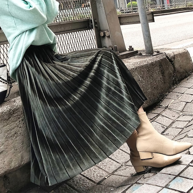 Womens Pleated Skirt Autumn Winter Harajuku High Waist Velvet Black Skirts Womens Silver Sexy Casual Party Maxi Skirt 210306