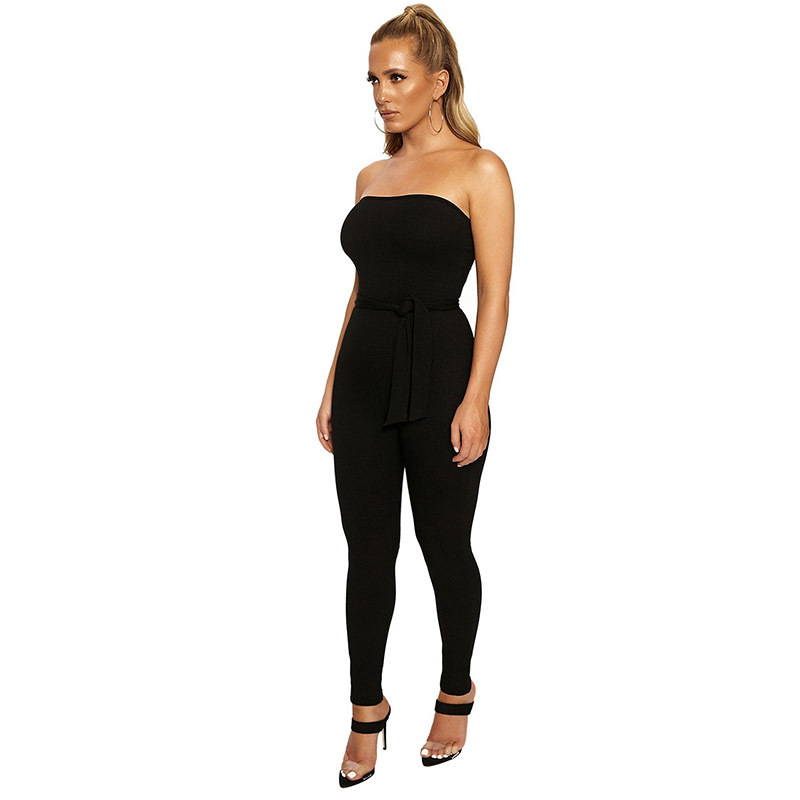 ANJAMANOR Sexy Strapless Bodycon Jumpsuit with Belt Ribbed Knitted Fall Winter Clothes for Women Club Party Romper D92-AC72 201007