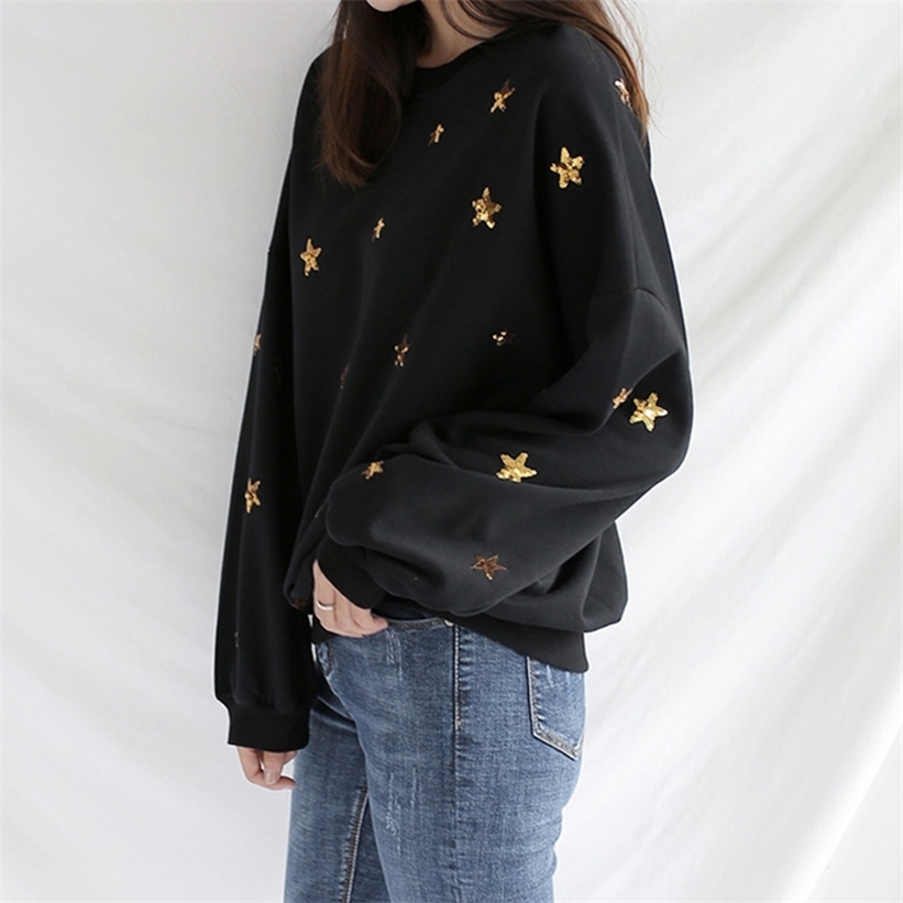 PERHAPS U Women Autumn Winter Crew Neck Black Star Sequined Bling Sweatshirts Pullovers Casual H0037 201217