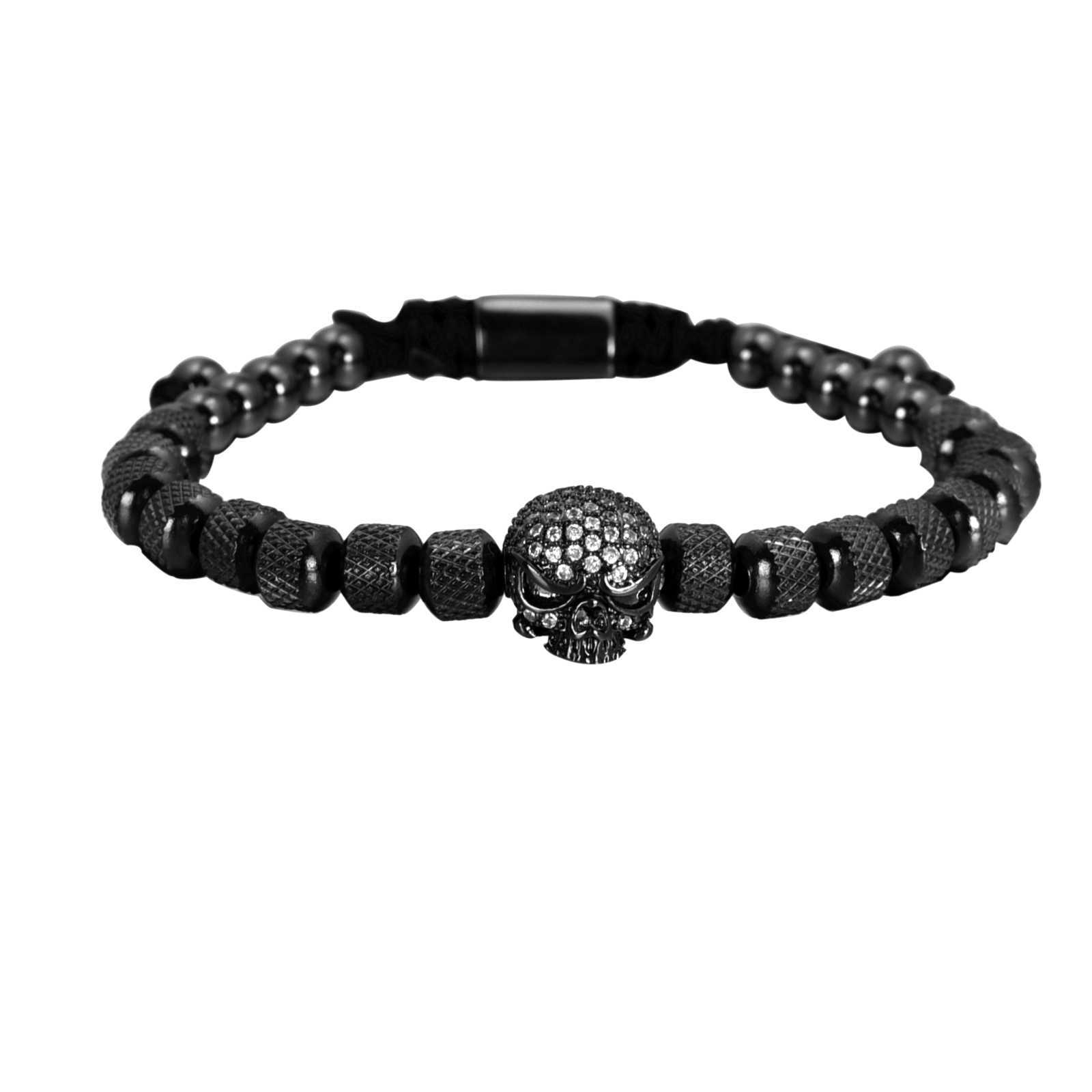 3pcs/Set Handmade Men Bracelet Micro Pave CZ Skeleton Skull Roman Numeral Hemp Rope Buckle Open Stainless Steel Bangles 210910