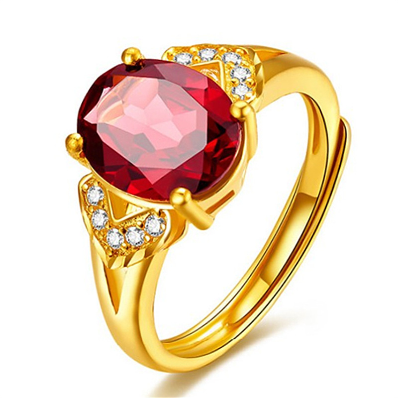 European and American Fashion High-End Korean Style Gold-Plated Ring Womens Open Ring Garnet Setting Ring Fashion Adjustable Ruby Whole