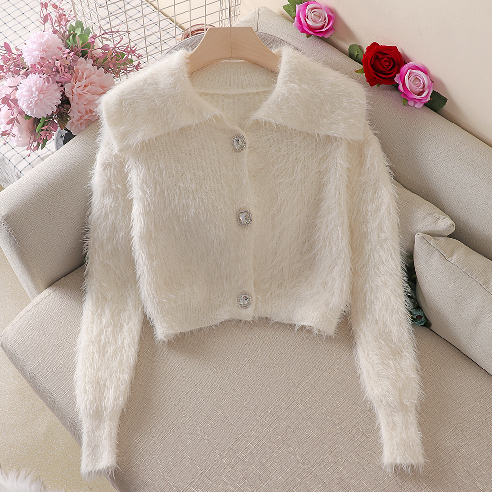 Women Fluffy Soft Sweater New Autumn Winter Vintage Short Cardigan Coat Ladies Korean Single Breasted Turn Down Collar Knitted 210218