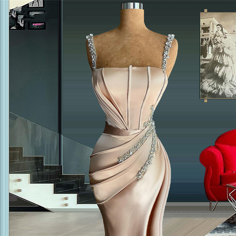 Sexy Mermaid Evening Dresses With Square Spagheeti Beaded Custom made Satin Fabric Floor-length Formal Party Prom Dress For Arabic Women Vestidos De N