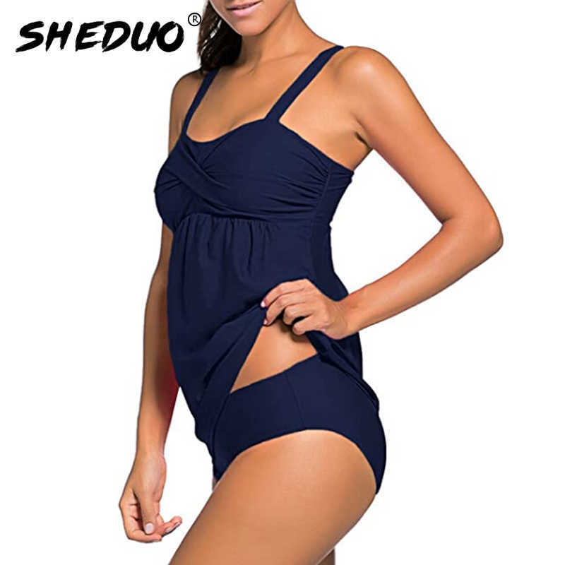 Swimwear Women's Solid Triangle Two Pieces Swimsuit Ruched Tankini Plus Size Bathing Suit Cross Vintage Tummy Control Bodysuits 210625