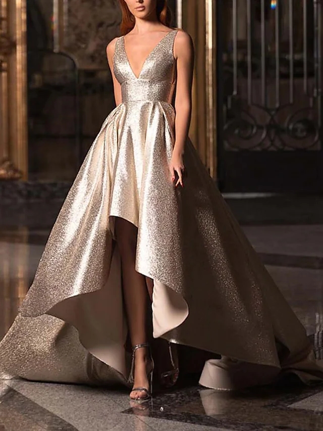 Glittering Gold/Silver Elegant Prom Evening Dress V Neck Sleeveless Backless Sequin Formal Party Gown High Low Robes De Soiree Vestidos Longo 2026