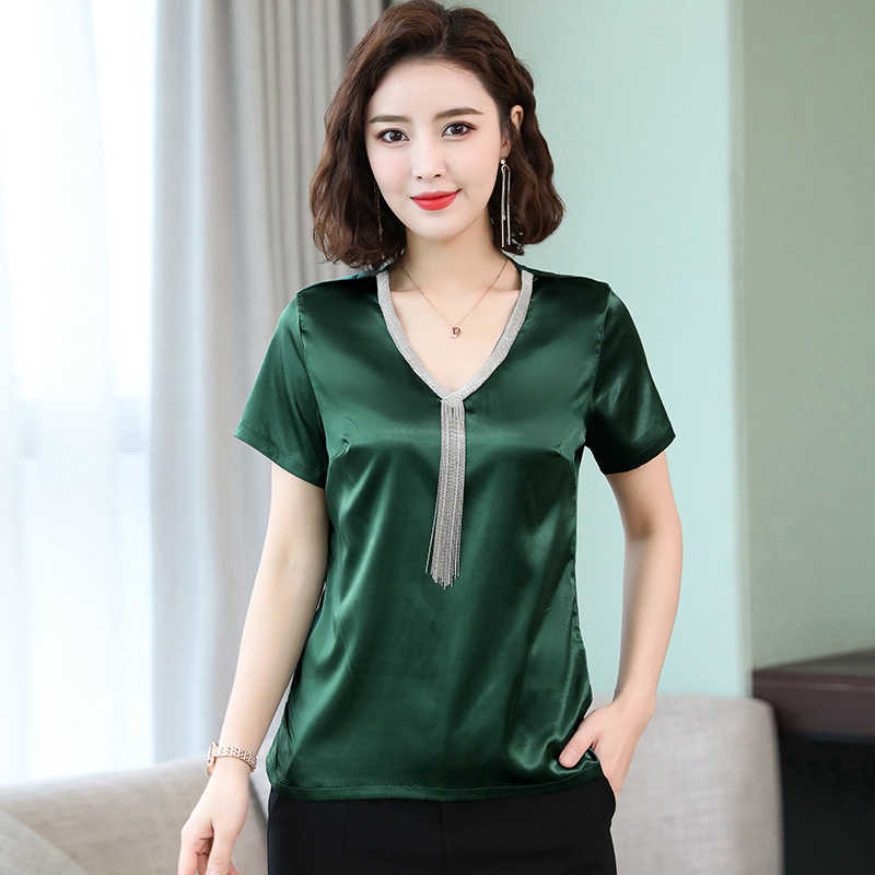 Womens Tops and Blouses OL Silk Blouse Summer Basic Satin Office Lady Shirt Work Wear Blusas Feminina Shirts Plus Size 4XL 210531