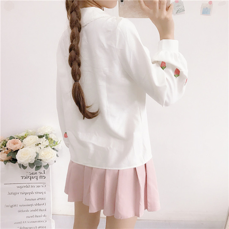 Wohreb Japanese Kawaii Long Sleeve White Blouses Summer Sweet Strawberry Embroidery Shirt Elegant Ruffle Blusas 21686 210225