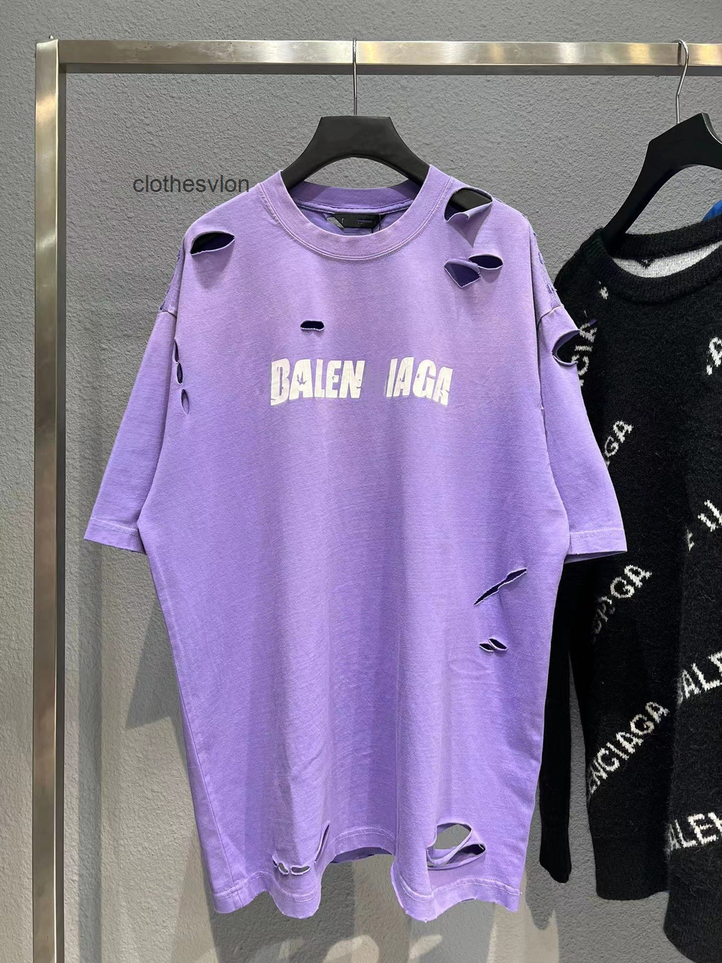 2022 Designer T-shirts Hoodies Balencaigas b Printing Paris Hole Short Sleeve Purple