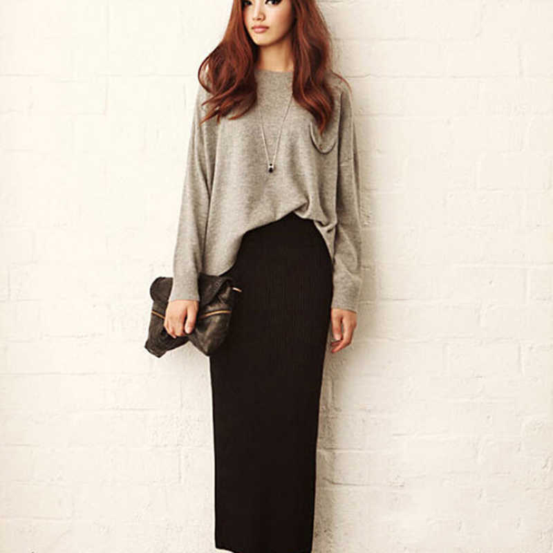 Women Autumn Knitted Long Skirt Sexy High Waist Pencil Skirts Package Hip Elastic Split Maxi Faldas Mujer 210619