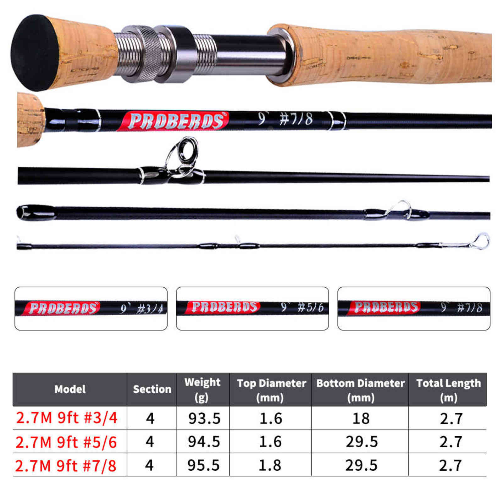 PROBEROS Fly Fishing Rod 7FT&9FT 2.1M&2.7M 4 Section Line wt 3/4 5/6 7/8 Soft Cork Handle Tackle 211118