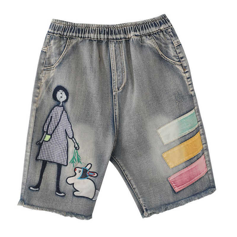5176 Women Summer Streetwear Elastic High Waist Cartoon Embroidery Cute Korean Style Lady Female Oversized Loose Denim Shorts 210714