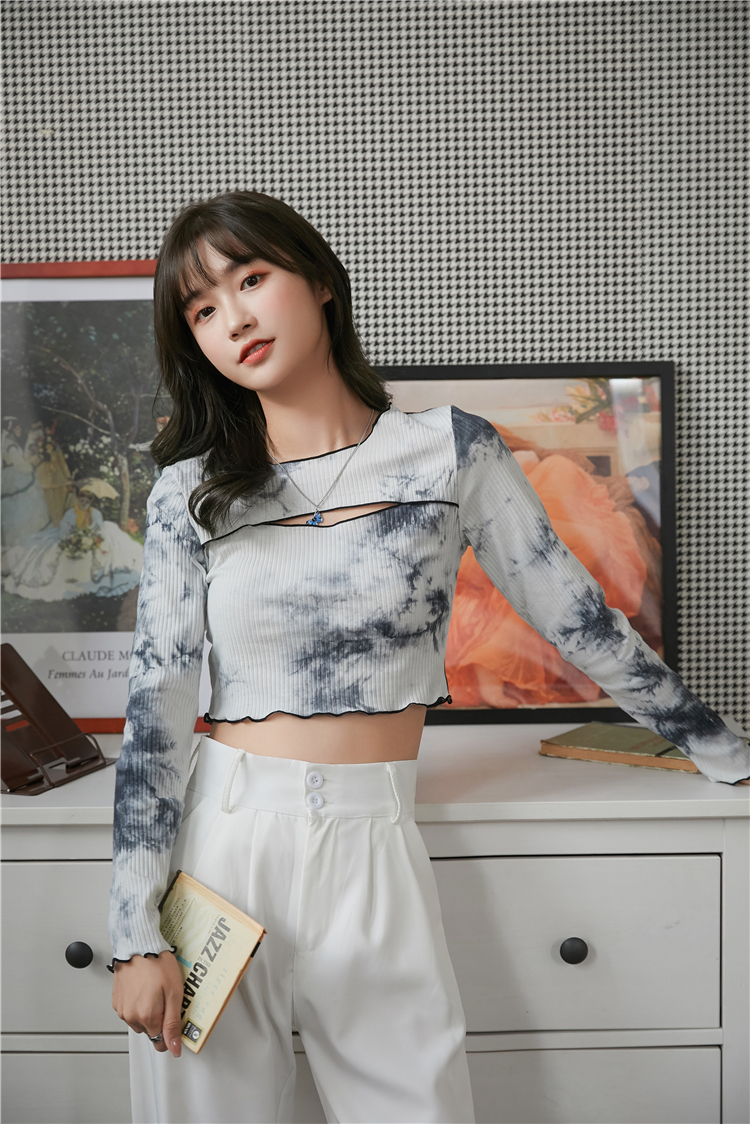 CHEERART Tie Dye Long Sleeve Crop Top Hollow Out T Shirt Women Ribbed Top Crewneck Tshirt Fashion Tee Fall Women Clothing 210302