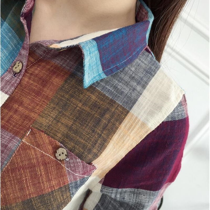 Casual Plaid Women Blouses Kimono Vintage Linen Cotton Long Sleeve Blouse Female Shirts Tops Camisa Feminina Chemise Femme T200319