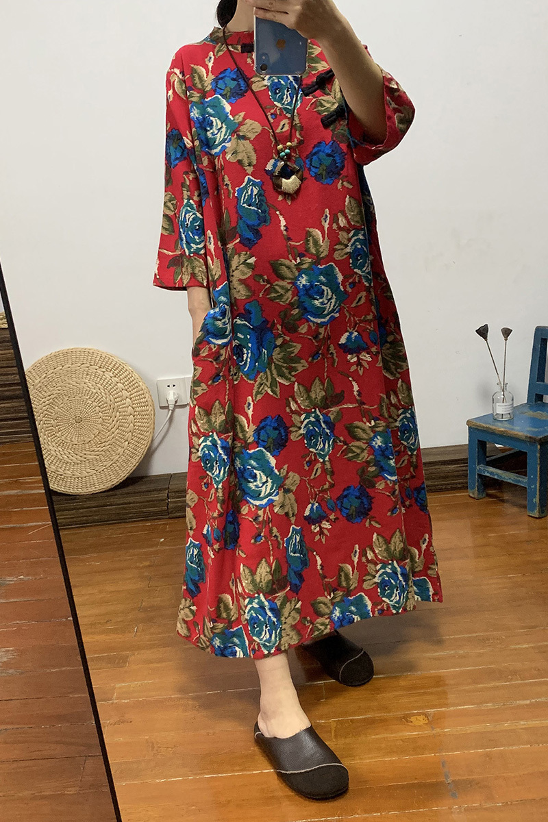 Ethnic women's long cotton and linen large color loose size dress Chinese retro diagonal buckle tea clothing autumn 210309