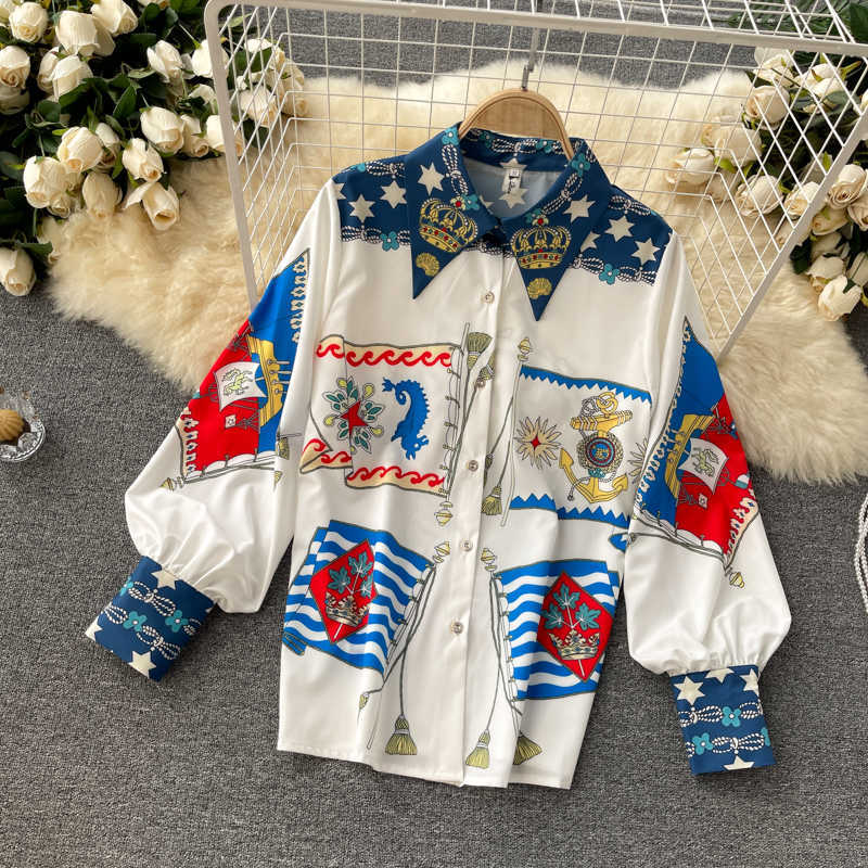 DEAT Women Printing Lapel Puff Sleeve Shorts Arrivals Two Piece Set Fashion Temperament Spring Summer 11D589 210709