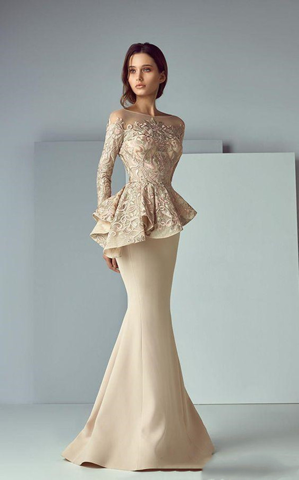 Champagne Lace Stain Peplum Evening Formal Wear Dresses 2021 jewel sheer Neck Long Sleeve Dubai Arabic Mermaid Prom Dress