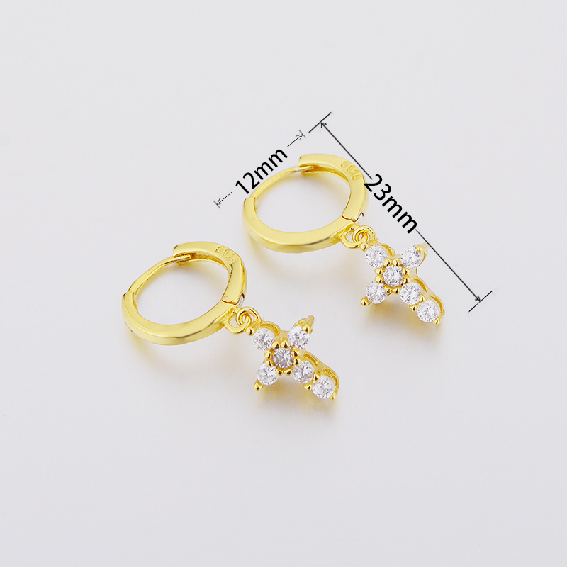 Women Authentic Fashion 925 Sterling Silver Gold Colors Luxury Crystal Cross Dangle Hoop Earrings Girls Round Earrings Jewelry Gift
