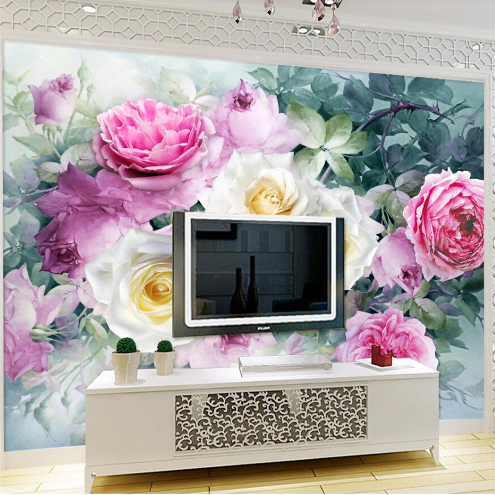 Rose cluster three-dimensional watercolor wall custom large mural green wallpaper papel de parede para quarto