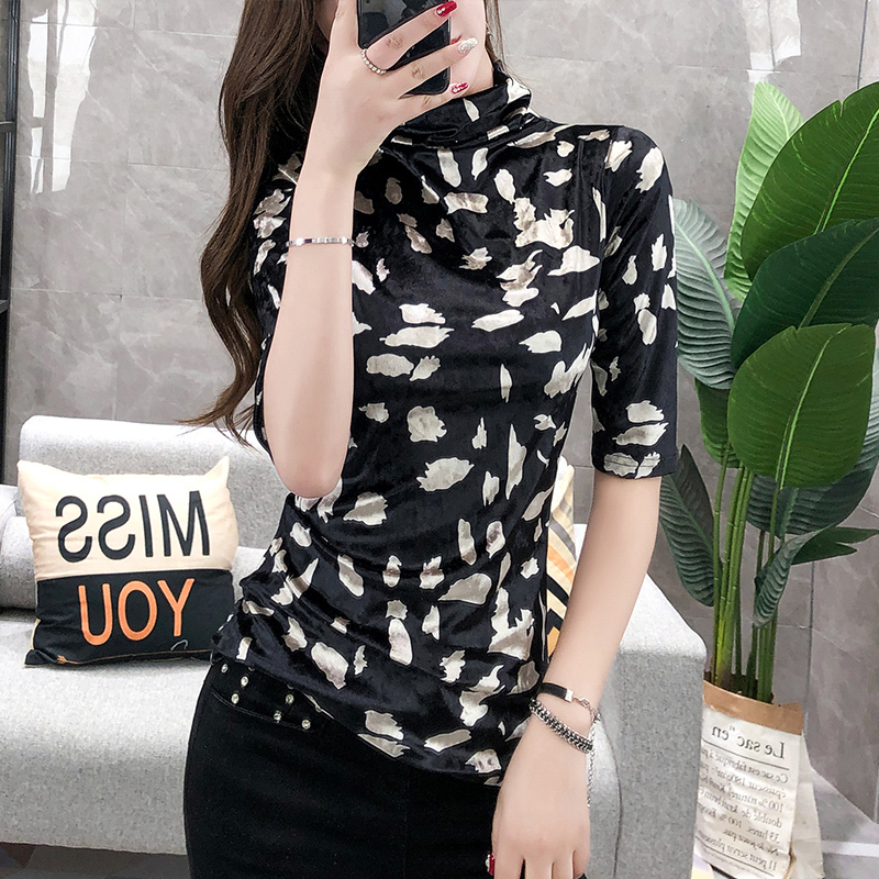 T Shirt Women Tshirt New Spring/Autumn Vintage Turtleneck Soft Velvet Print Half Sleeve T-shirt Slim Ropa Mujer T07811B 210302
