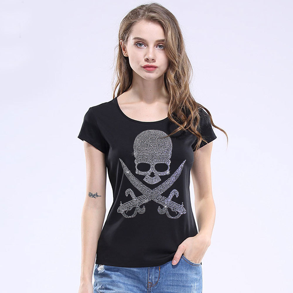 New Arrivals Casual Female T shirts Women Crown Bee diamond T Shirts Fashion Beaded Black/white rhinestone Ladies T-shirt 210306