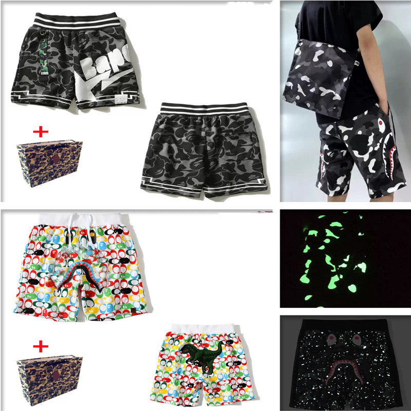 22ss Apes Men shorts men's Beach pants high quality luminous camouflage star shark head five-point casual M-3XL Bring tote bag, 1pcs button