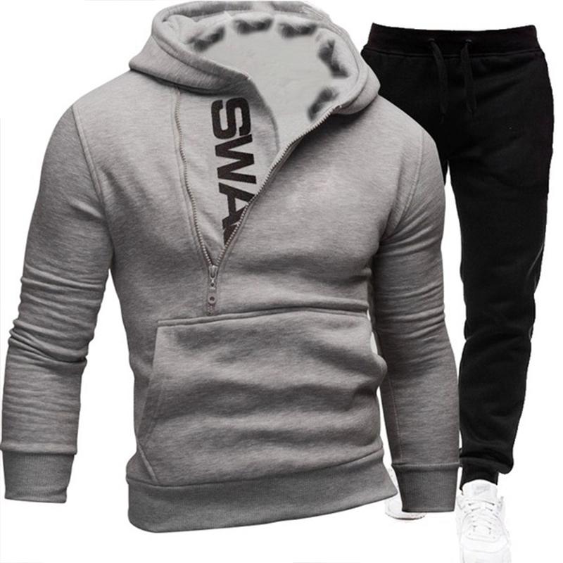 Men's Hoodies & Sweatshirts 2Pcs Men Clothing Jogging Gyms Hoodies+Pants Sets Sportswear Sports Warm Tracksuit Half Zipper Aports And Leisur B3