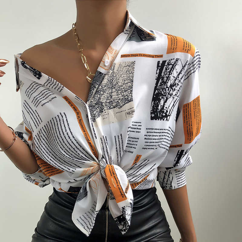 2021 Spring Women Turn Down Collar Newspaper Print Long Lantern Sleeve Button White Retro Casual Shirt Formal Office Wear Blouse Q