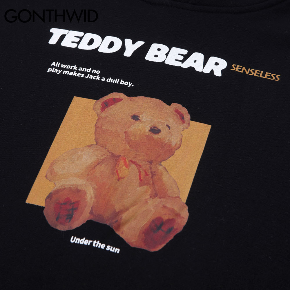 GONTHWID Toy Bear Print Fleece Hoodies Sweatshirts Harajuku Streetwear Hip Hop Casual Pullover Hooded Tops Men Fashion Tops 201020